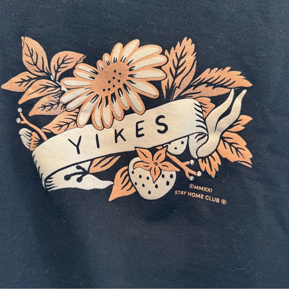 Stay Home Club Black “Yikes” Sweatshirt with Floral Design - unisex XS